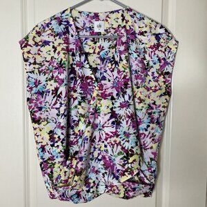 CAbi Floral Surplice Top M Faux Wrap Cap Sleeve Blouse
